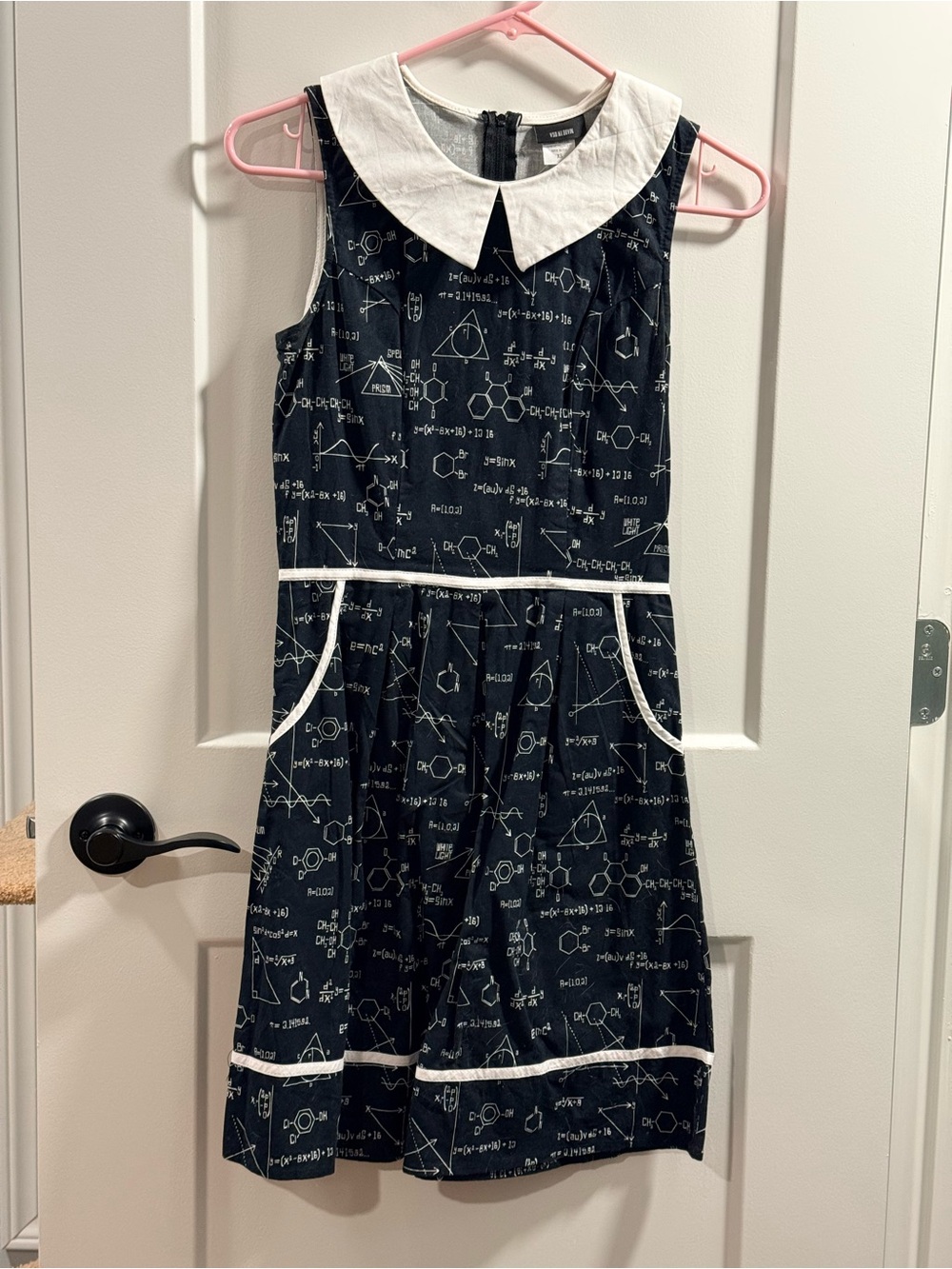 Retrolicious Navy Science Print A-Line Dress with White Collar